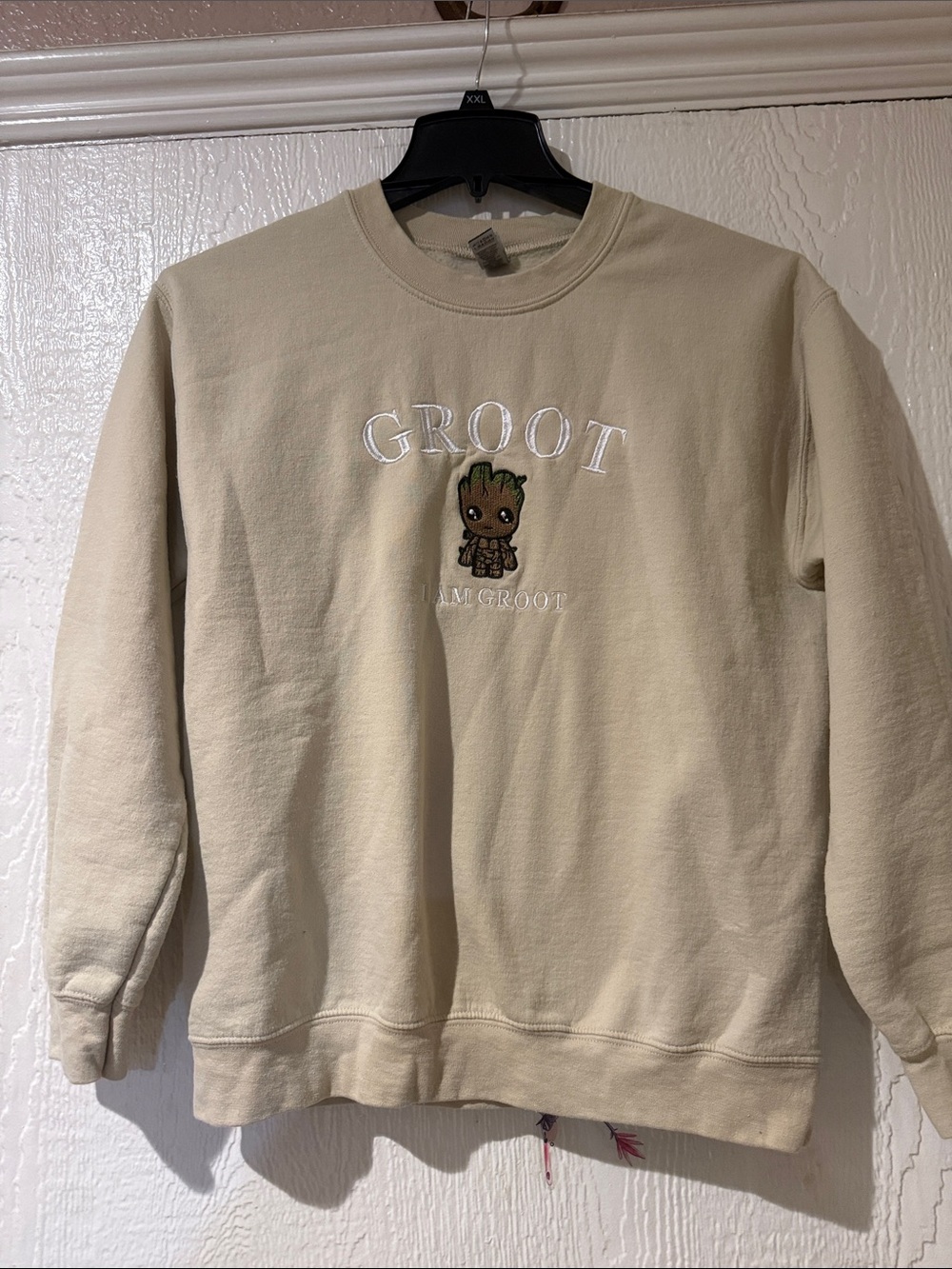 Gildan Cream Crewneck Sweatshirt with Embroidered Groot